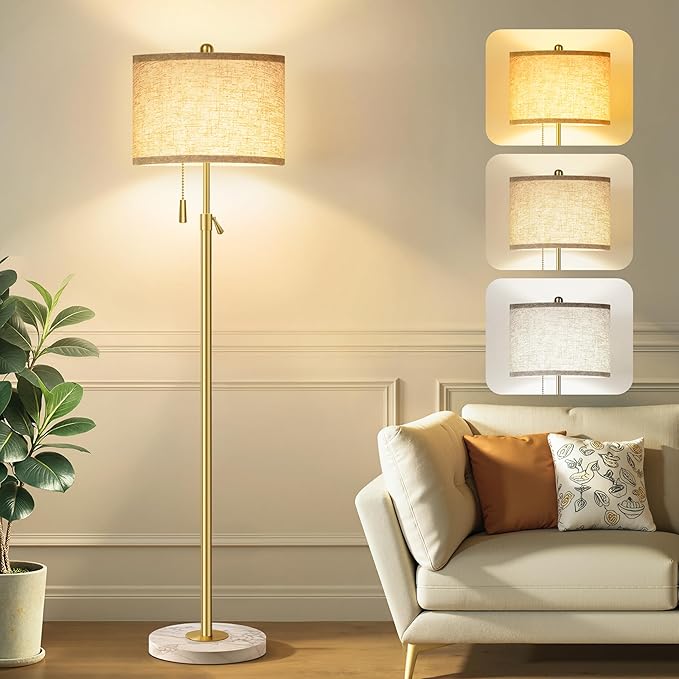 Modern Gold Floor Lamp for Living Room - Adjustable Height Standing Lamp with Marble Base & Linen Shade, 3-Way Dimmable Tall Floor Light for Bedroom, Reading, Bulb Included