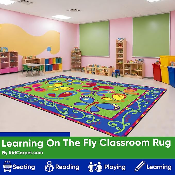KIDCARPET.COM Learning On The Fly Rectangle Classroom Rug | Bordered Area Rug for Preschool Daycare Learning, 6' x 8'6"