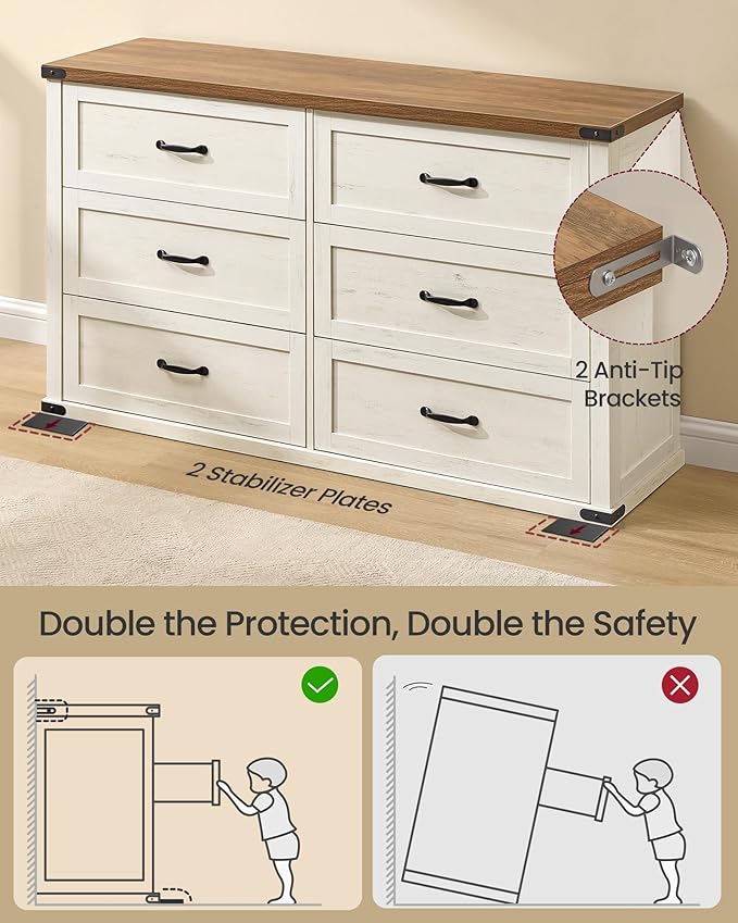 VASAGLE LIRY Collection - 6-Drawer Dresser for Bedroom, 54-Inch Wide Modern Farmhouse Chest of Drawers with Metal Handles, TV Stand, for Living Room, Entryway, Anti-Tipping, Rustic White ULTS661WJ01S