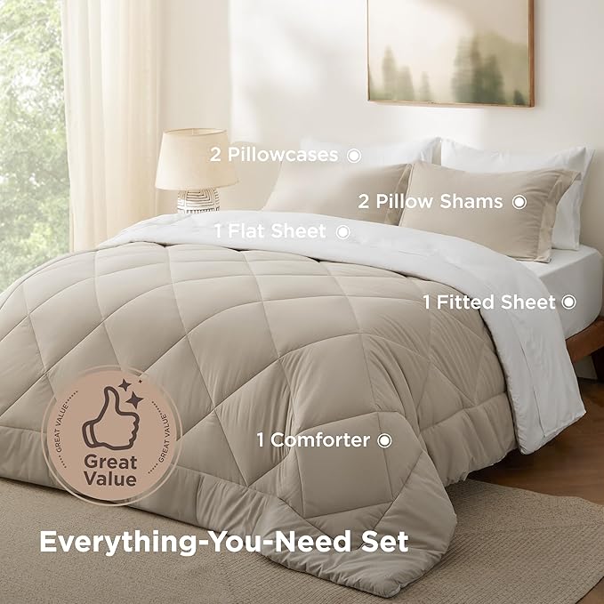 Bedsure Full Size Comforter Set - 7 Pieces Reversible Beige and White Bedding, Full Size Bed Set for All Seasons, Bed in a Bag with Down Alternative Comforter, Sheets, Pillowcases & Shams