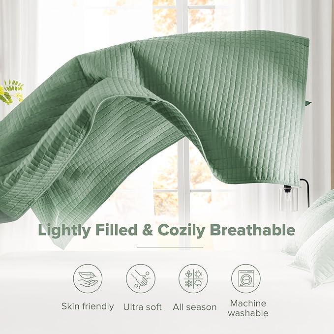 Comfort Spaces Sage Green Oversized Queen Quilt Set 102"x118" Bedspread Quilted Summer Lightweight Microfiber Bedding Coverlet with Double Sided Stitching Soft All Season 3 Piece with Matching Shams