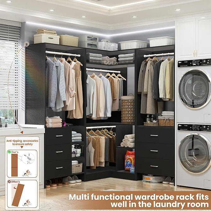 Aheaplus Closet System with 6 Drawers, 4 Hanging Rods & Corner Tower, Corner Closet System with Hanging, 86.8" L-Shaped Walk-In Wardrobe Organizer, 2000+ lbs Capacity, Set of 3, Black