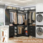 Aheaplus Closet System with 6 Drawers, 4 Hanging Rods & Corner Tower, Corner Closet System with Hanging, 86.8" L-Shaped Walk-In Wardrobe Organizer, 2000+ lbs Capacity, Set of 3, Black