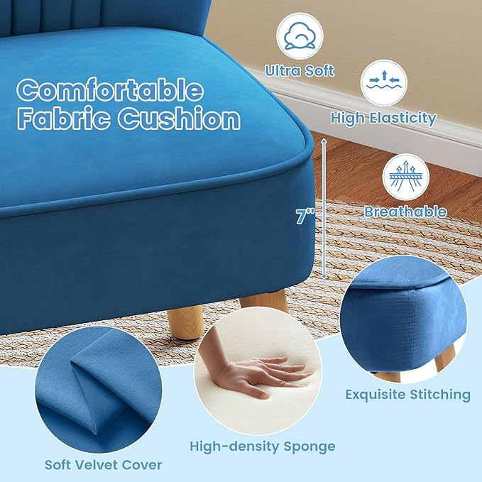 KOMFOTT Velvet Accent Chair Set of 2, Modern Armless Sofa Chair with Solid Rubber Wood Legs, Wingback Leisure Chair with Thick Cushion, Upholstered Side Chair for Living Room, Bedroom, Blue