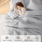 MUXHOMO 7 Pieces King Comforter Set, Seersucker Bed in a Bag King Size, All Season Luxury Bedding Set with Comforter, Flat Sheet, Fitted Sheet, Pillowcases & Shams, Light Grey