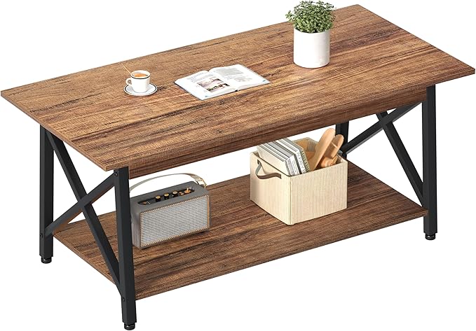 GreenForest Coffee Table with Storage, 39 inch Modern 2-Tier Coffee Tables for Living Room, X-Frame Design Farmhouse Coffee Table Space Saving Living Room Tables, Easy Assembly, Walnut