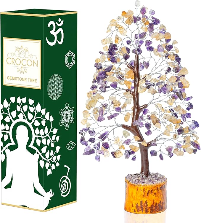 Amethyst & Citrine Crystal Tree of Life - Chakra Tree for Positive Energy, Handmade Gemstone Feng Shui Decor - Good Luck Money Bonsai, Healing Crystals Decoration Ornament, Spiritual Gift