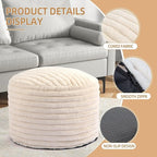 Round Stuffed Pouf Ottoman Foot Rest for Couch Round Ottoman with Foam Chunk Filling Stripe Faux Fur Ottomans for Living Room Floor (26"x18",Beige)