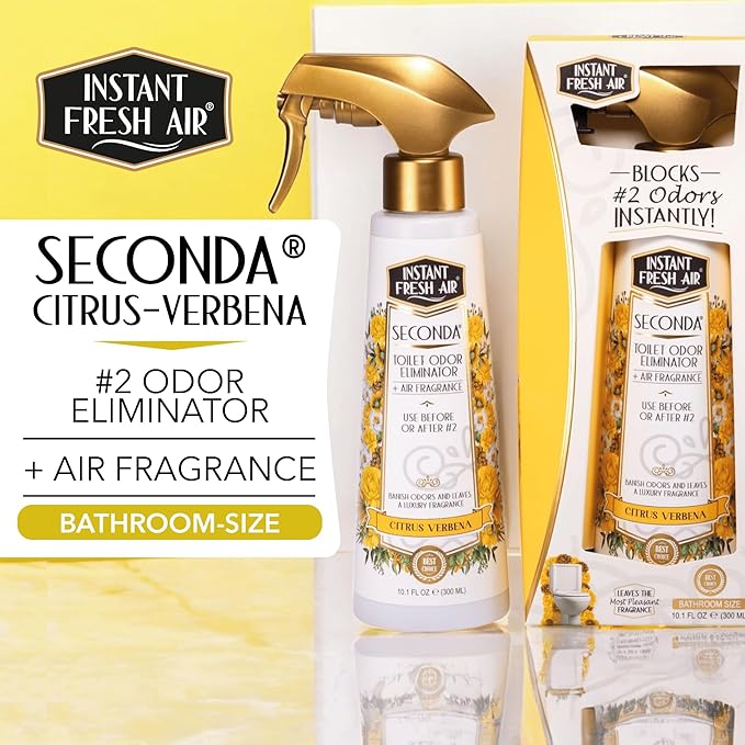 'Seconda' Toilet Spray - Bathroom Air Freshener & Toilet Bowl Odor Eliminator - For Home, Business, School - Bathroom Deodorizer Portable for Travel - Citrus Fragrance - 10.1 fl oz.
