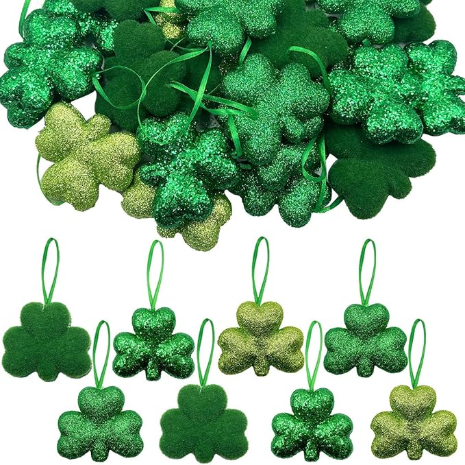 St Patrick's Day Shamrocks Hanging Ornaments, 24Pcs Green Shamrocks Hanging Ornament Luck Clover Bauble Decoration for Saint Patrick's Party Supplies Tiered Tray Table Crafts Decor