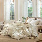 MooMee Striped Duvet Cover Set 100% Washed Cotton Linen Like Textured Breathable Durable Soft Comfy (Almond Milk Grey White Wide Stripes, Palatial King/Oversized King 120"x98")