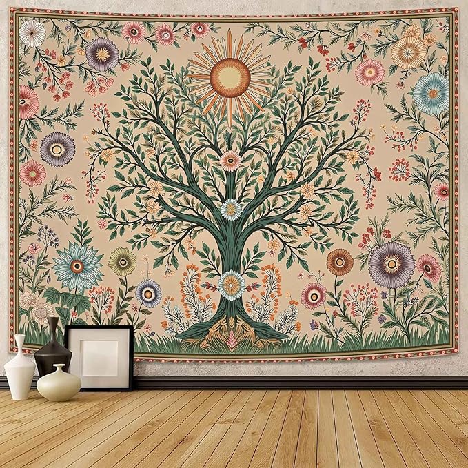 Lunerfex Chakra Tree Wall Tapestry - Celestial Sun & Floral Wall Hanging for Bedroom and Living Room - Boho Spiritual Decor Tapestries 80"x60"