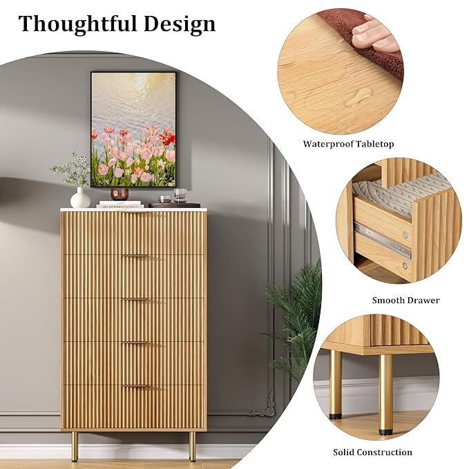GarveeHome 5 Drawers Dresser for Bedroom, Fluted Dresser Chest of Drawers with Handle, Wood Modern Dressers for Closet, Bedroom Furniture Storage Organizer for Living Room, Hallway