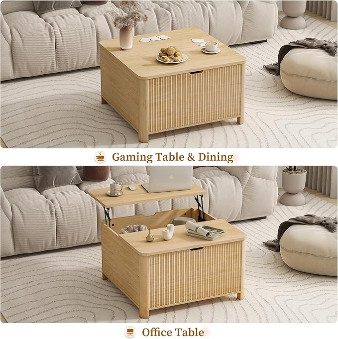 LYNCOHOME 31.5" Fluted Lift Top Coffee Table with Storage, Square Coffee Tables for Living Room, Coffee Table with Large Hidden Storage Compartment and Adjustable Shelves，Natural
