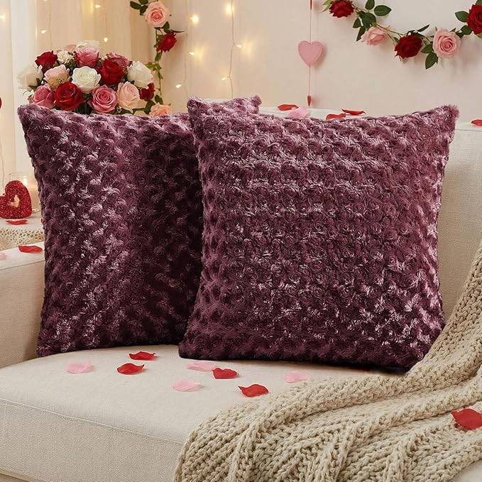 FUTEI Burgundy Decorative Throw Pillow Covers 16x16 Inch Set of 2,Soft Solid Rose Swirl Textured Cushion Case,Valentine's Day Decor for Couch Living Room