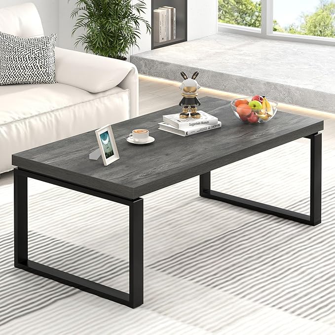EXCEFUR Modern Coffee Table, Rustic Wood and Metal Center Table for Living Room, Industrial Rectangle Cocktail Tea Table for Home Office, Vintage Grey, 47 Inch