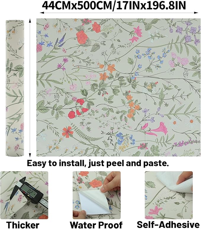 Peel and Stick Wallpaper - 17.5x196.8in Bloom Vintage Flower Vinyl Wallpaper for Home Deco