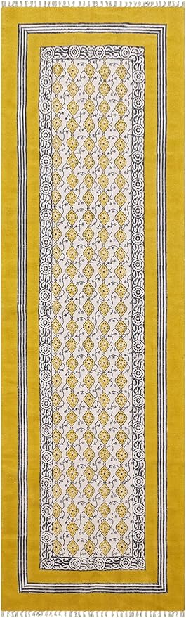 2x6 Hand Block Printed Cotton Runner Rug Yellow Beige Floral Design Thick 0.19" Boho Flatweave Handmade Carpet for Kitchen Entryway Bedside Yoga Room Indoor Outdoor Use
