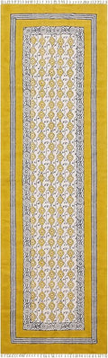 2x6 Hand Block Printed Cotton Runner Rug Yellow Beige Floral Design Thick 0.19" Boho Flatweave Handmade Carpet for Kitchen Entryway Bedside Yoga Room Indoor Outdoor Use