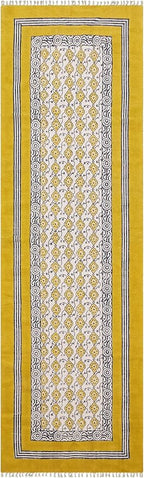 2x6 Hand Block Printed Cotton Runner Rug Yellow Beige Floral Design Thick 0.19" Boho Flatweave Handmade Carpet for Kitchen Entryway Bedside Yoga Room Indoor Outdoor Use