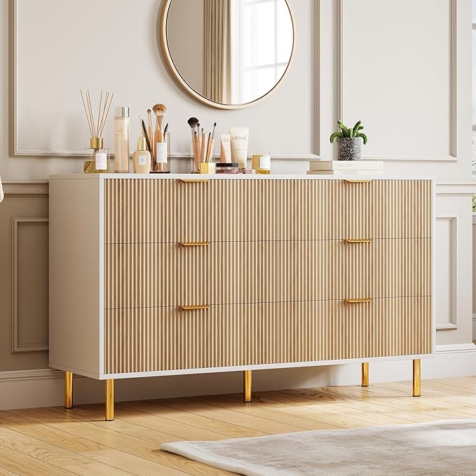 GarveeHome Dresser for Bedroom, Modern Chest of Drawers with Large Drawer, 6 Drawer Dresser with Gold Handles, Wood Storage Cabinet Organizer for Living Room, Hallway, Entryway, Natural