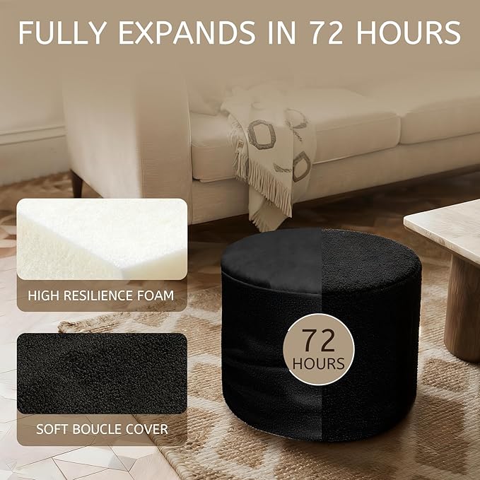 Round Boucle Pouf Ottoman Footrest – Soft & Lightweight Footstool with Full Foam Filling for Living Room, Bedroom