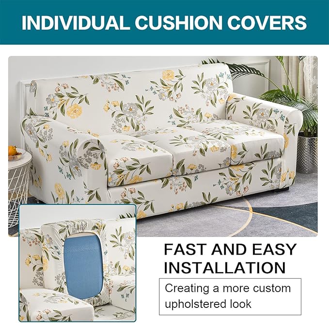 KRFOONN 4 Piece Stretch Sofa Couch Covers for 3 Cushion Couches Printed Sofa Slipcover with 3 Separate Seat Cushion Covers Washable Sofa Slip Covers Furniture Protector for Pets Kids (Large, 24)