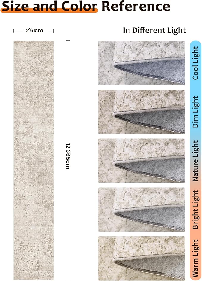 Art&Tuft 2x12 Runner Rug - Washable Runner Rugs, Non-Slip Runner Rug for Hallway, Low-Pile 2x12 Rug Runner Kitchen Laundry Room Rug Throw Carpet for Entrance Bedroom Living Room, Beige