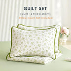 Wake In Cloud - Floral Quilt Set, Coquette Cottagecore Shabby Chic Flower Pattern for Women Teen Girls, Reversible Lightweight Bedspread Coverlet, 3 Pieces, White Green, Twin/Twin XL Size