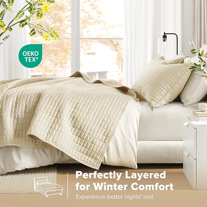 Comfort Spaces Kienna Quilt Set- Double Sided Stitching Design Summer Blanket, Lightweight, Soft, All Season Bedding Layer, Matching Sham, Ivory, Coverlet Full/Queen(90"x90") 3 Piece