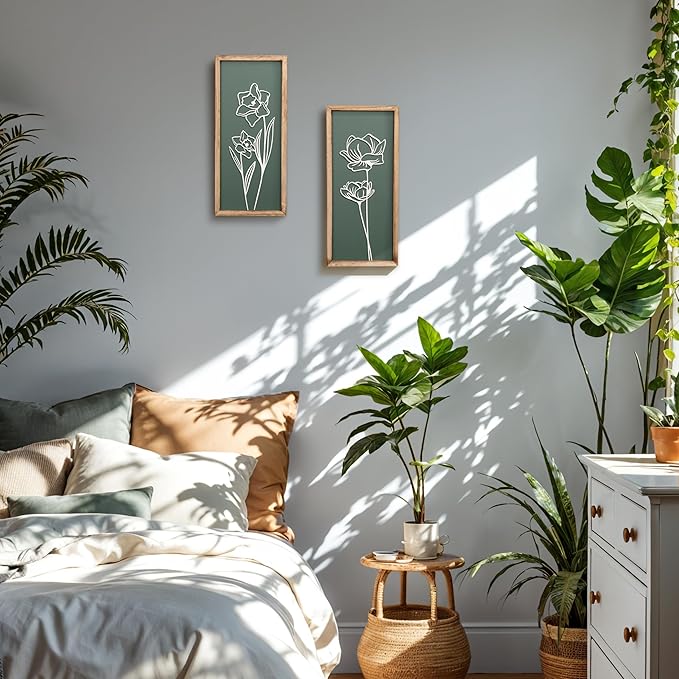 3D Floral Green Wall Art (Set of 2) Lightweight, Wooden Ready-to-Hang Boho Framed Wall Art for Bathroom, Bedroom, Living Room or Office – Premium Sage Green Farmhouse Decor – Gift-Boxed
