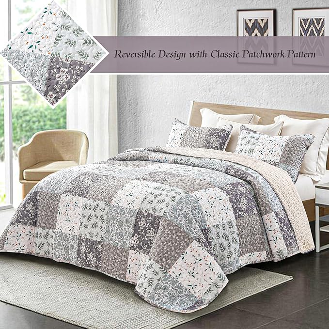 Whale Flotilla Patchwork Quilt Twin Size, Extra Soft Boho Floral Bedspreads for Bed Reversible Lightweight Twin Quilt Bedding Set Printed Coverlets with 1 Pillow Sham for All Seasons, Grey