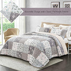 Whale Flotilla Patchwork Quilt Twin Size, Extra Soft Boho Floral Bedspreads for Bed Reversible Lightweight Twin Quilt Bedding Set Printed Coverlets with 1 Pillow Sham for All Seasons, Grey