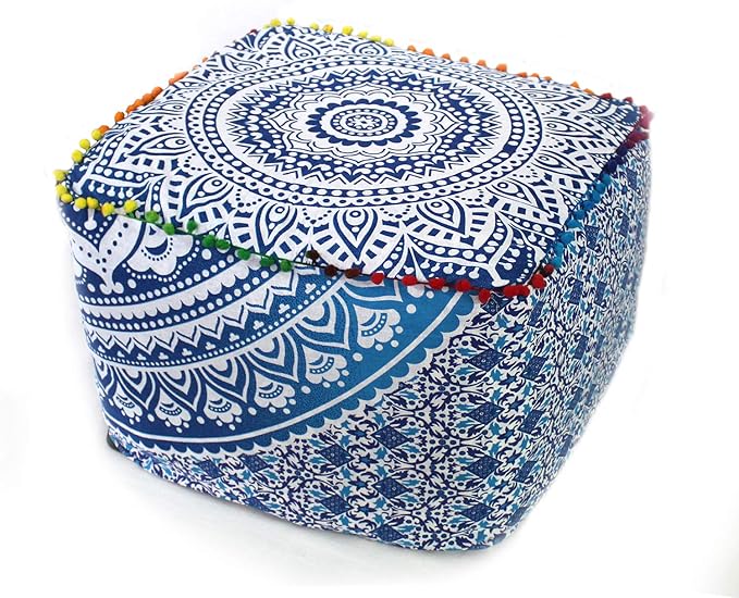 CRAFT KALA Indian Square Patchwork Traditional Pouf Cover Indian Living Room Poufs Cover Decorative Designer Ottoman Pom Pom Home Living Footstool Chair Cover Ottoman Decor 18X18X14 inches, Blue Ombre