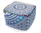 CRAFT KALA Indian Square Patchwork Traditional Pouf Cover Indian Living Room Poufs Cover Decorative Designer Ottoman Pom Pom Home Living Footstool Chair Cover Ottoman Decor 18X18X14 inches, Blue Ombre