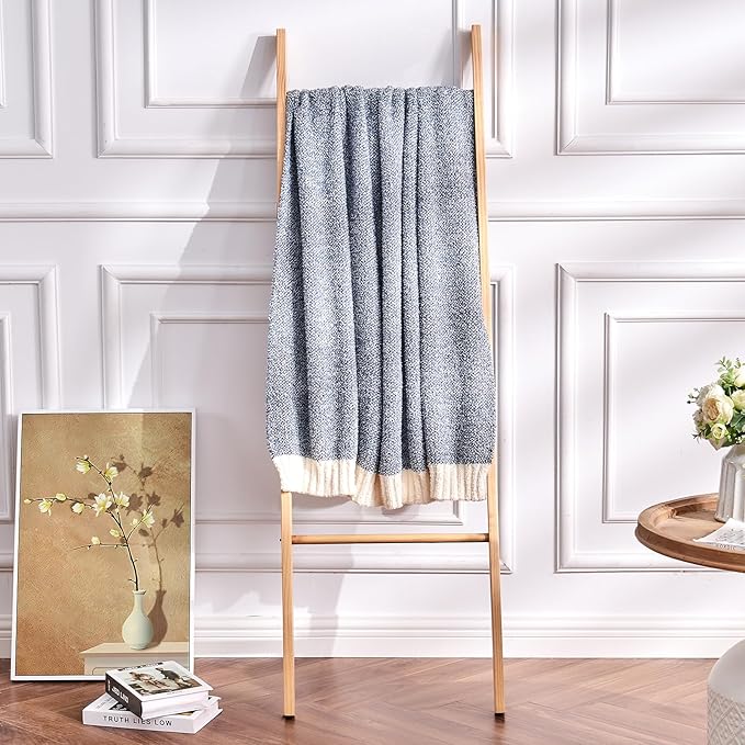 CozeCube Super Soft Fullfy Microfiber Reversible Knitted Blankets, Warm Cozy Fuzzy Plush Throw, Dusty Blue and White Melange Throw Blanket for Couch Bed Sofa, 50" x 60"