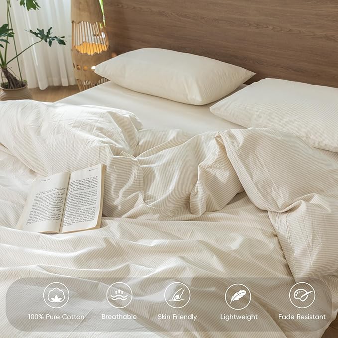 MooMee Striped Duvet Cover Set 100% Washed Cotton Linen Like Textured Breathable Durable Soft Comfy (Almond Milk Grey Pinstripes, Full 80"x90")