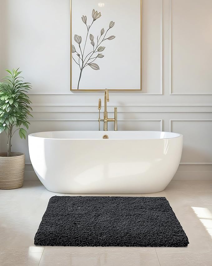 ILANGO Black Bathroom Rugs 30" × 20" Non Slip & Super Absorbent Extra Thick Soft, Washable Bath Mat for Floor, Microfiber Plush Shaggy Bath Rug with Rubber for Bathtub Shower Room Sink