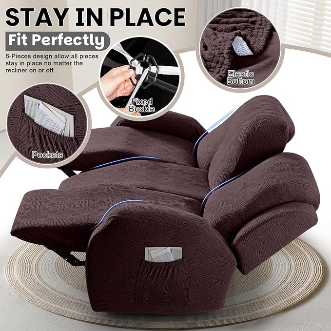 VANSOFY Recliner Couch Cover, 8-Pieces Stretch Recliner Sofa Cover Soft Jacquard Reclining Slipcover Furniture Protector with Elastic Bottom for Kid, Pets(3 Seat,Dark Coffee)