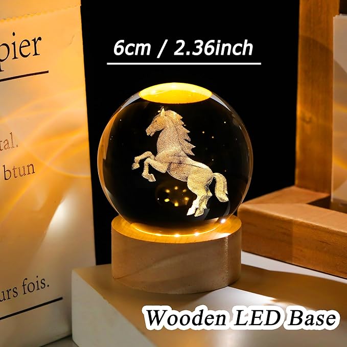 Horse Gifts for Women Men 3D Horses Crystal Ball with Wooden Light Base Glass Horse Night Light Animal Figurine Lamp Decor for Christmas Valentine Mothers Day Birthday (Diameter 2.36 inches)