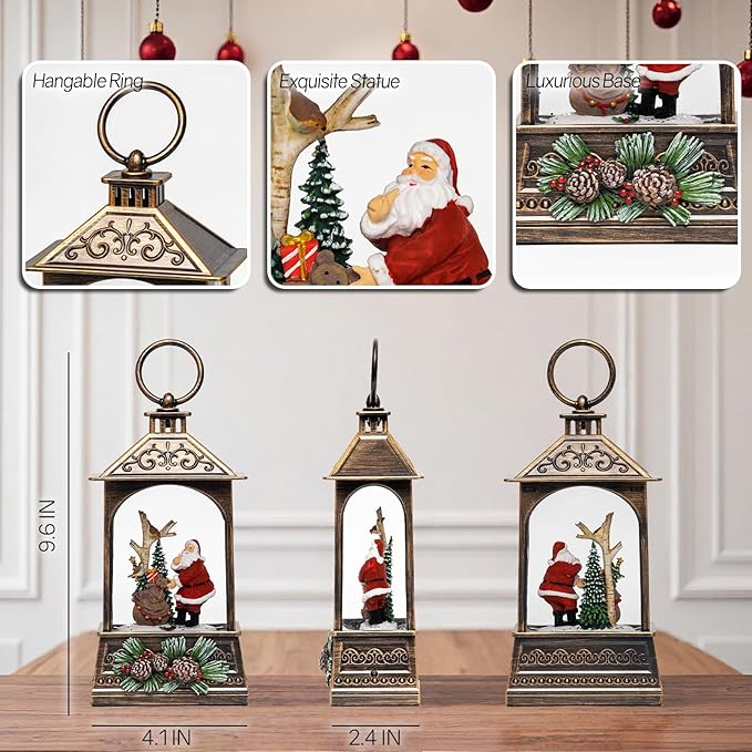9.6" Christmas Snow Globe Lantern with Santa Claus - Water Swirling Glitter LED Light Musical Lantern with Exterior Decor - Vintage Xmas Gifts - USB Plug or Battery Operated Home Decor (Santa & Bear)