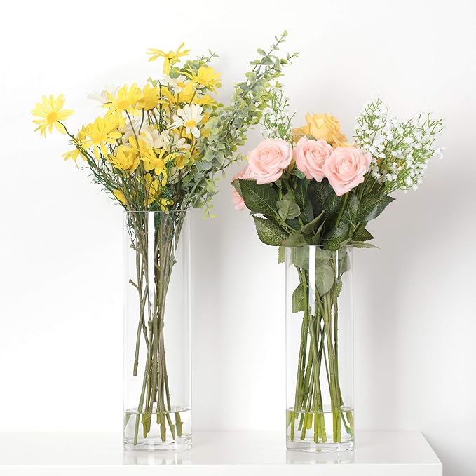 WGV Cylinder Vase Bulk, Diameter 5", Height 14", Clear Glass Floral Planter Container, Tall Centerpiece Arrangement for Wedding Party Event Home Office Decor, 12 Pieces