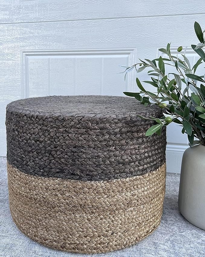 S & L Homes Pouf Ottoman - 100% Jute Braided Footrest Pouf Hand Knitted Traditional Cord Boho Pouffe for Living Room, Bedroom, Nursery, Patio, Lounge Colorblock - Natural Brown (20”x20”x10”)