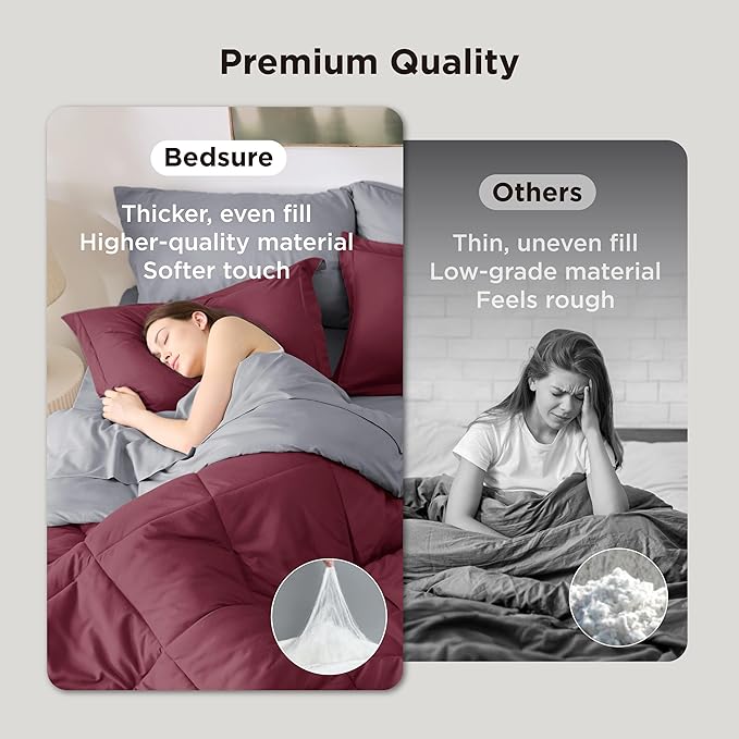 Bedsure King Size Comforter Set - 7 Pieces Reversible Burgundy Bedding, King Size Bed Set for All Seasons, Bed in a Bag with Down Alternative Comforter, Sheets, Pillowcases & Shams