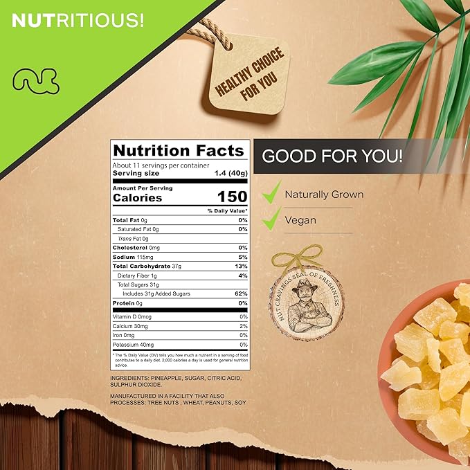 NUT CRAVINGS - Dried Pineapple Chunks, Lightly Sweetened (16oz, 1 LB) Tu Bishvat Favorite - Sweet Healthy Snack, Vegan, Kosher, Resealable Bag