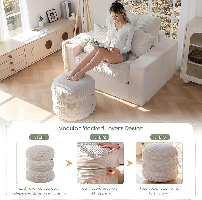 HIGOGOGO Pouf Ottoman Stuffed Round Modern Foam Filled Foot Rest Poufs 20 X 18 Inches Modular Ottomans Separated Into Floor Cushions for Living Room Chair Decorative Stool, Beige