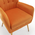 Modern Chic Mid-Century Velvet Accent Armchair for Living Room, Bedroom, or Home Office, Button-Tufted Wingback Design with Gold Flared Legs, Orange