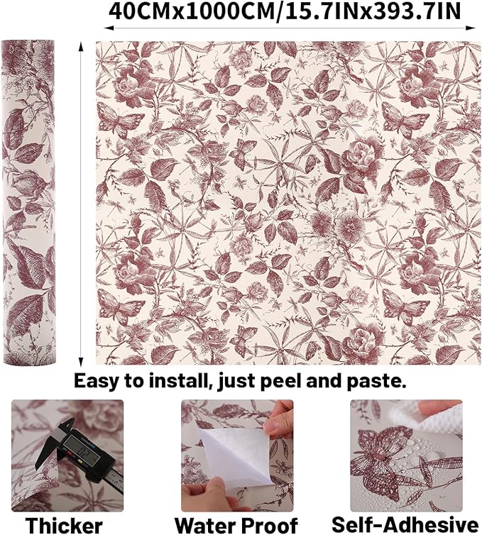 Drawers Liner Contact Paper for Dresser Peel and Stick Wallpaper Sketched Design 15.7x393.7in Self Adhesive Removable Red Maroon Rose Floral Butterfly Vintage Cabinet Shelf Renter Friendly