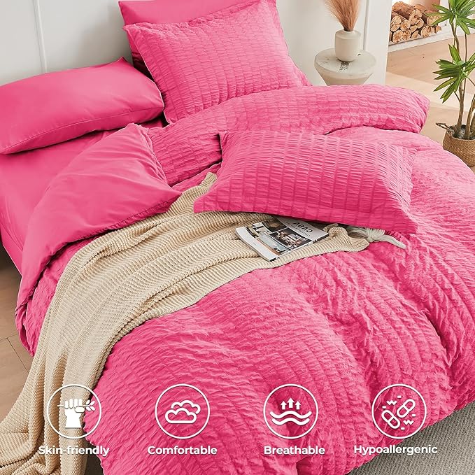 HYMOKEGE Hot Pink Twin XL Comforter Set Seersucker 5 Pieces, All Season Luxury Bed in a Bag for Bedroom, Bedding Set with Comforter, Sheets, Pillowcase & Sham