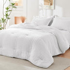 HYMOKEGE White Queen Comforter Set Seersucker 7 Pieces, All Season Luxury Bed in a Bag for Bedroom, Bedding Set with Comforters, Sheets, Pillowcases & Shams